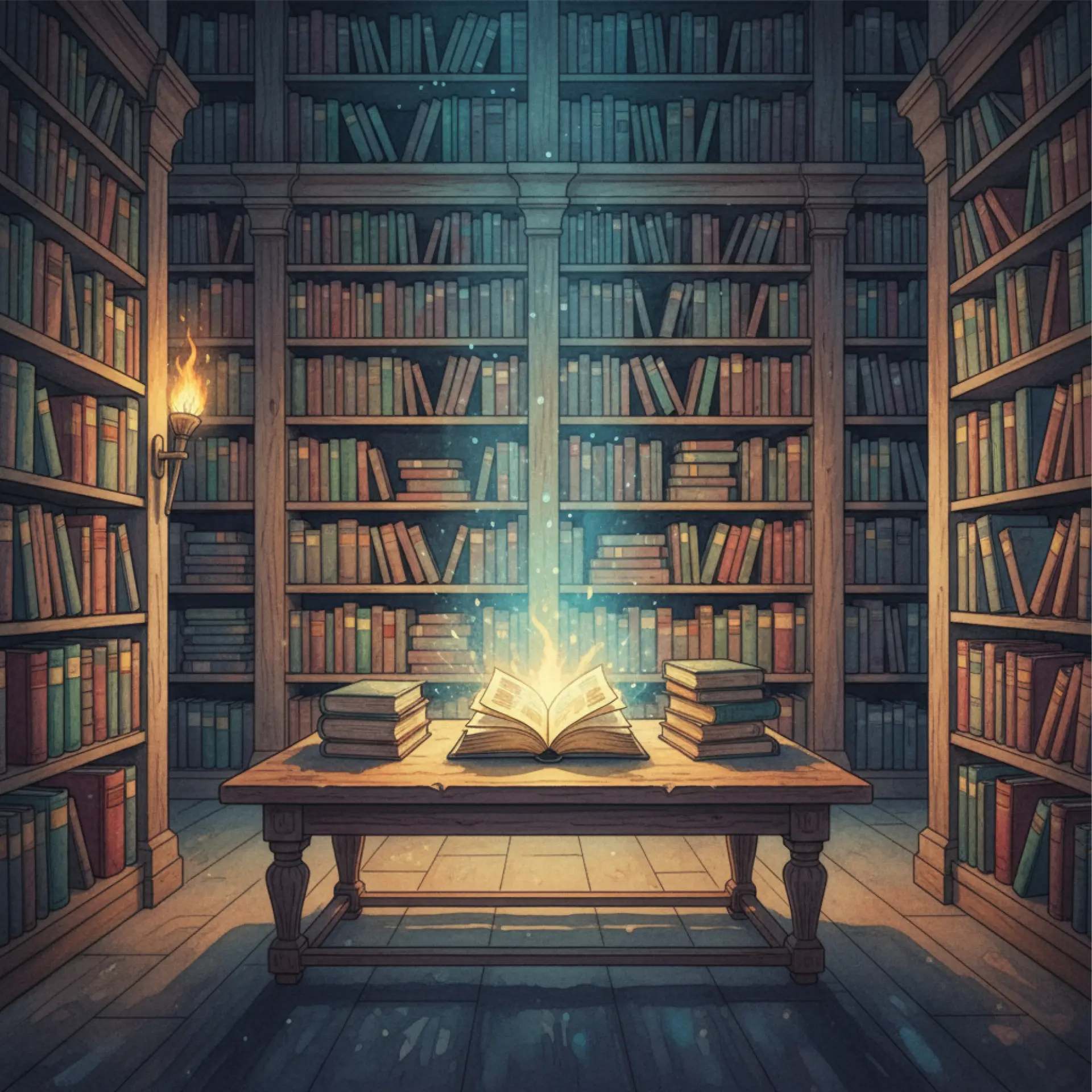 An enchanted library with a glowing storybook open on a wooden table