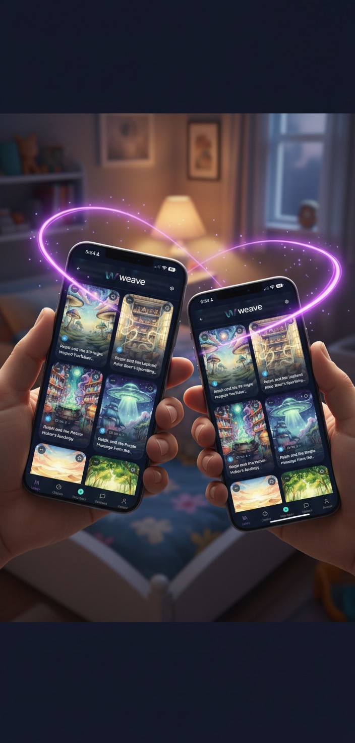 Two parents sharing stories on their phones with a magical connection between them